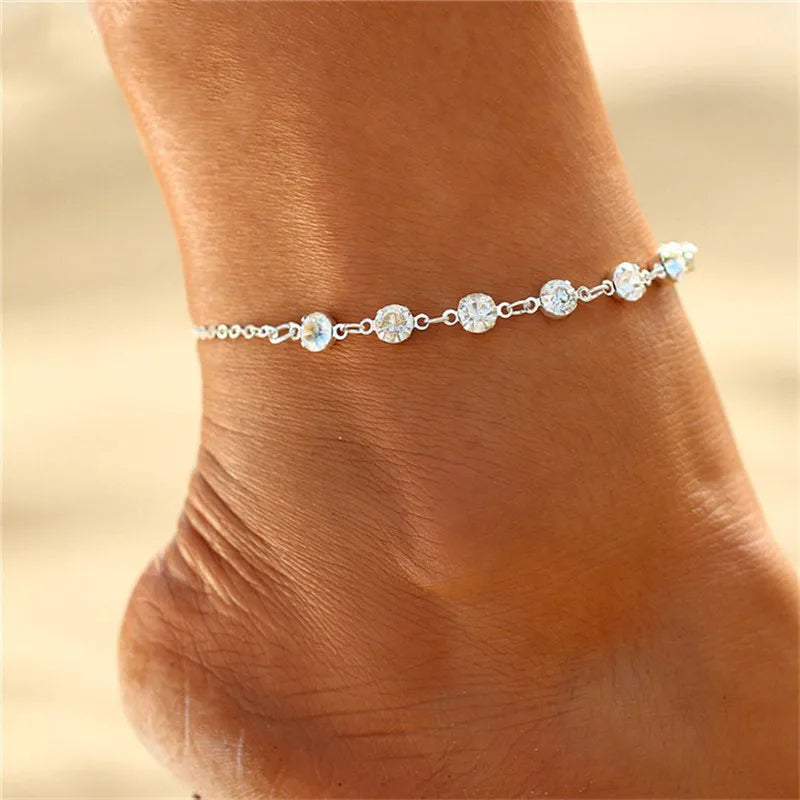 Huitan Rhinestone Chain Women's Anklets Silver Color/Gold Color Luxury Bracelet on Leg Accessories Wedding Party Fashion Jewelry