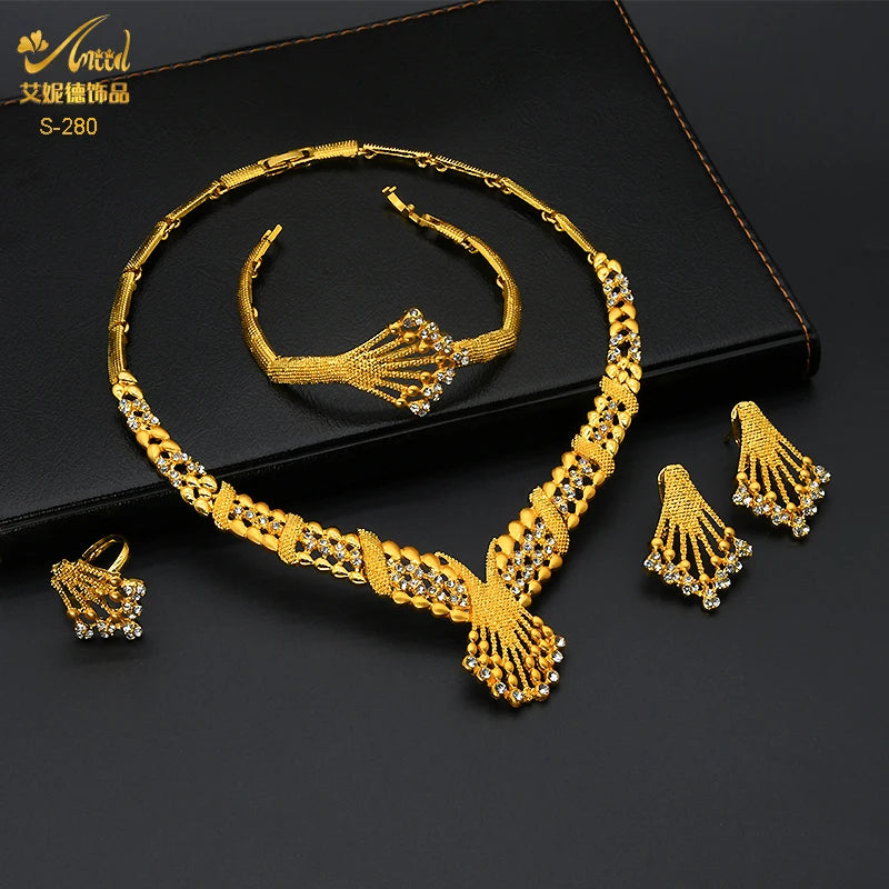 ANIID Dubai Jewelry Sets Gold Color 24k Luxury Big African Nigerian Necklace Bracelets Earring Ring For Wedding Jewelri Party
