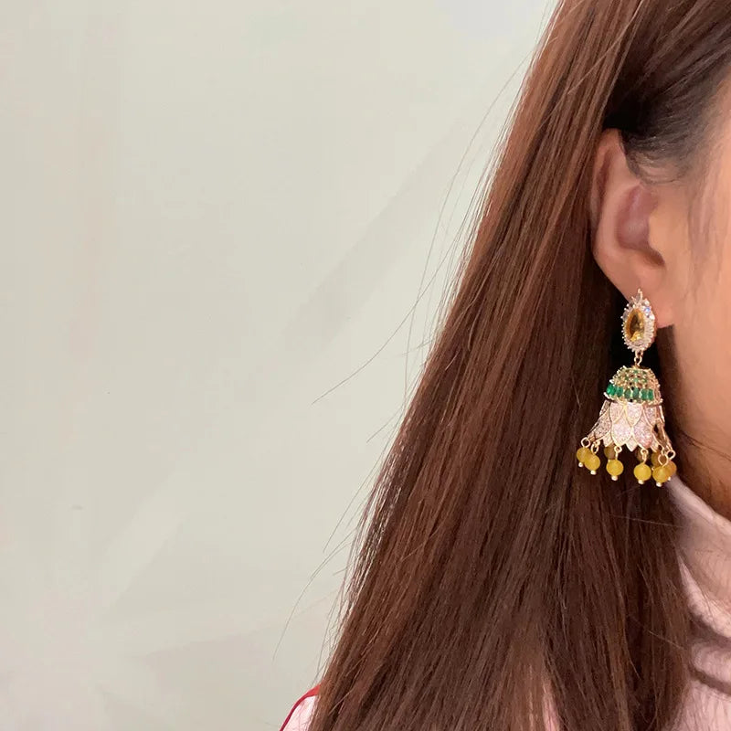 New Indian Jhumka Jhumki National Personality Style Bell Colorful Cubic Zirconia Tassel Earrings Women Jewelry Bohemian Earrings