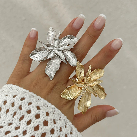 IngeSight.Z Exaggerated Bilayer Big Flower Ring for Women 2024 Personality Metal Punk Party Finger Ring Jewelry Accessories