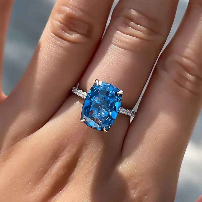 2025 New Fashion Sea Blue Cubic Zirconia Women's Wedding Ring Luxury Engagement Party Elegant   Brilliant Jewelry