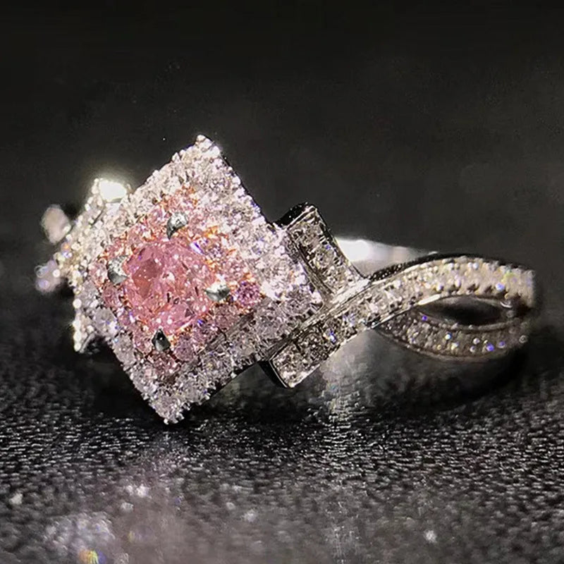 Pink Cubic Zirconia Ring Suitable for Women's Engagement Wedding Luxury Accessories Sparkling Silver Fashion Jewelry