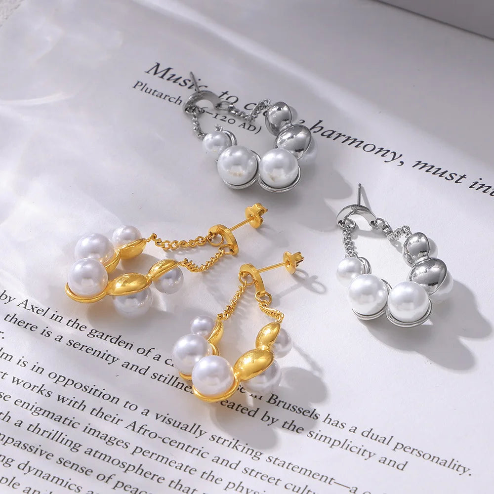 Gorgeous Round Earrings For Women Stainless Steel Vintage Pearl Pendant Gold Plated Waterproof Ear Stud Charm Jewelry Gift