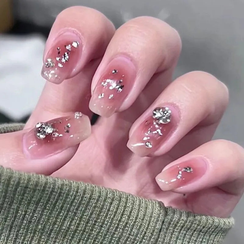 24Pcs Glitter Diamond Press On Nails Sweet Cute Girl Acrylic Nails Full Cover Short Square Fake Nails Wearable Manicure Nail Tip
