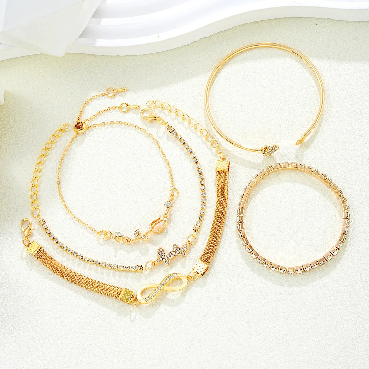 5Pcs Trendy Gold Color Bracelet Set For Women Tulip Butterfly Heart Infinity Charm Tennis Chain Bangle Female Party Jewelry