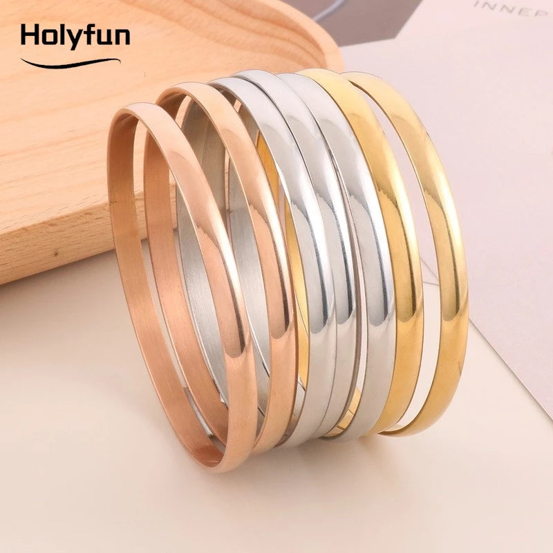 Holyfun 60mm Waterproof 316L Stainless Steel Round Smooth Bracelet Bangle Women Minimalist 18k Gold Color Texture Charm Jewelry