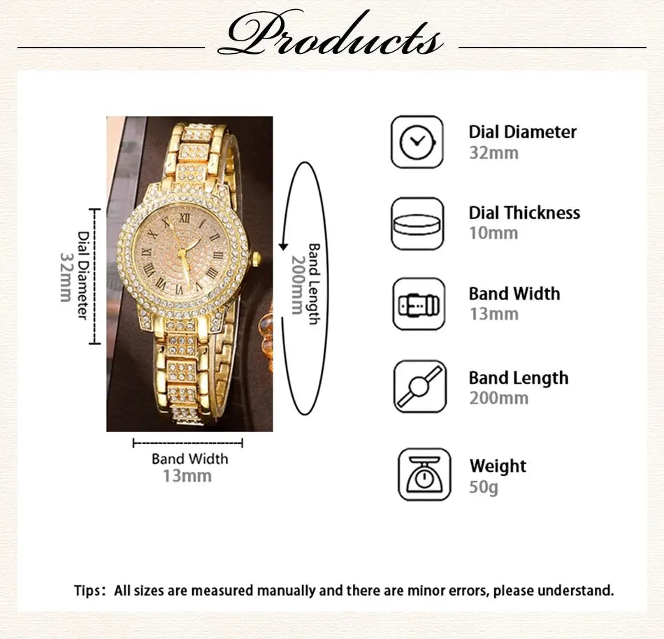 Golden Watch Women Ring Necklace Earrings Rhinestone Fashion Wristwatch Female Casual Ladies Watches Bracelet Set Clock