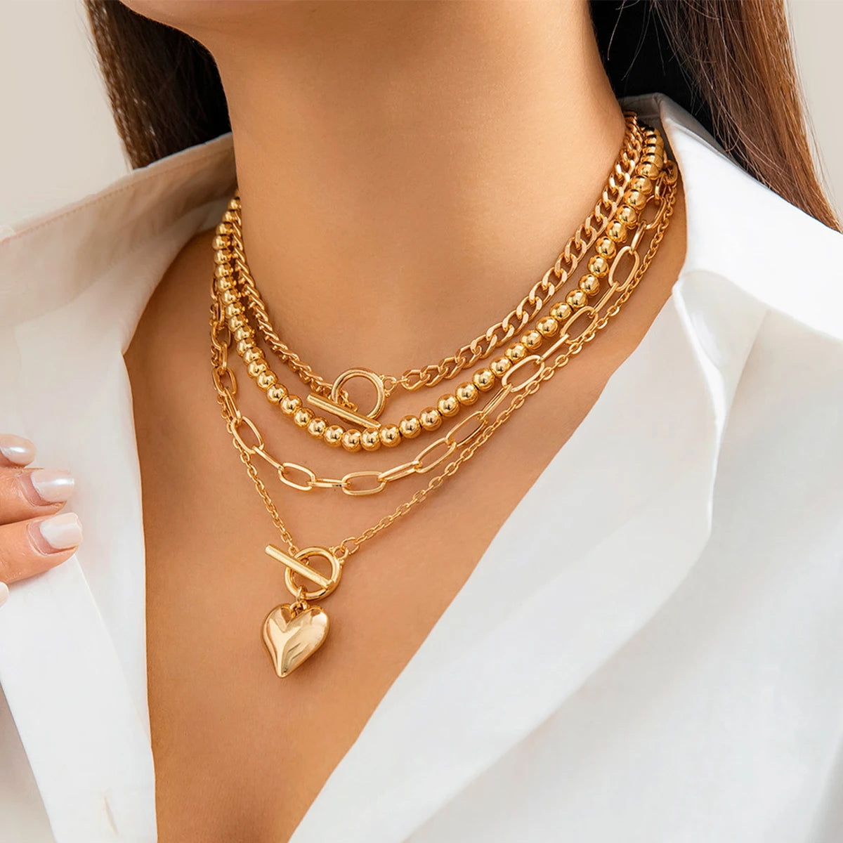 4Pcs/Set Punk Gold Color Heart Pendant Necklace for Women 2024 Trendy OT Buckle Beaded Neck Chain Choker Y2K Jewelry Accessories