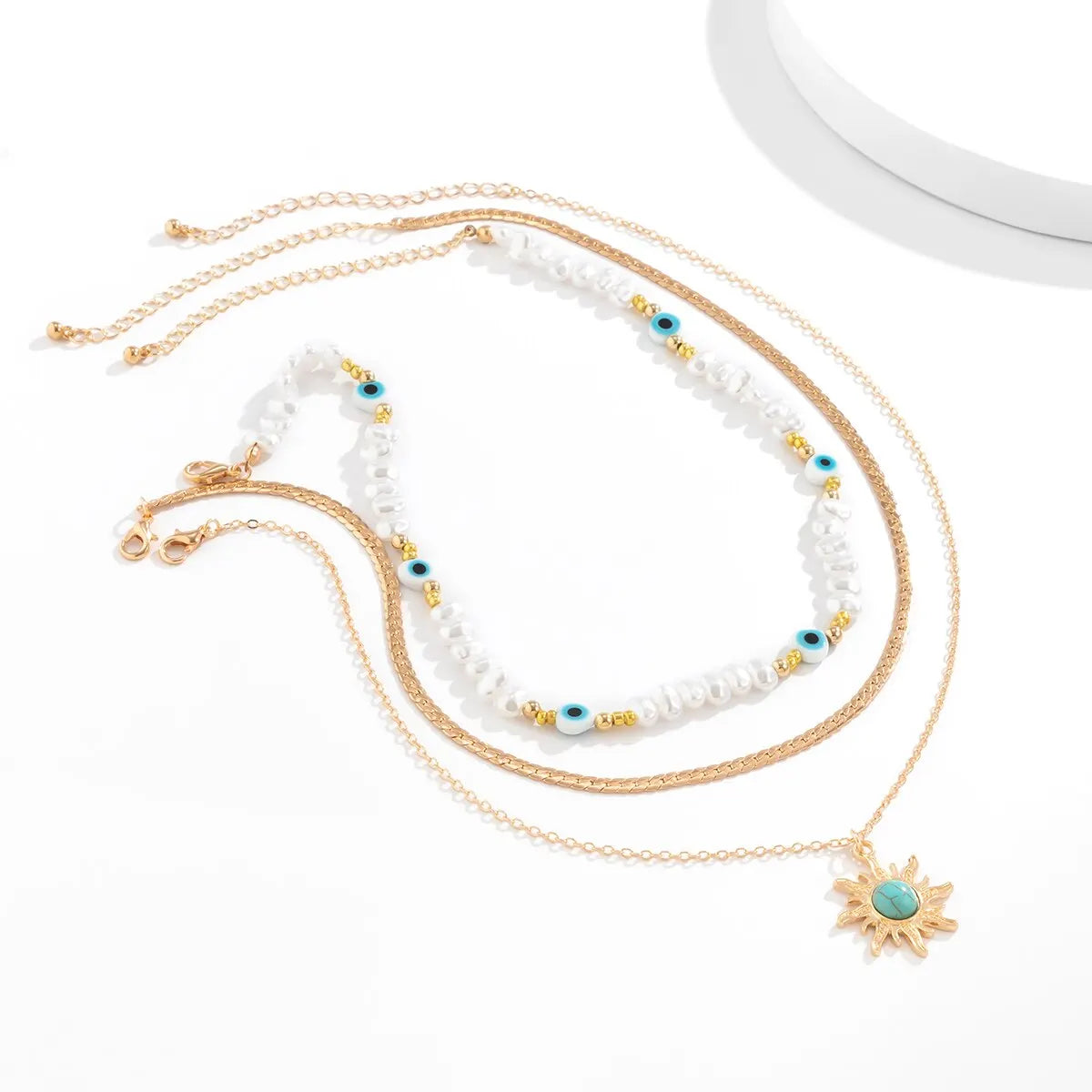 3pcs/set Ethnic Sunflower Green Stone Pendant Necklace Women Vintage Imitation-Pearl Devil's Eye Beaded Collar Necklace