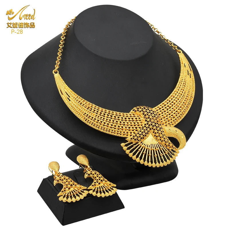 ANIID Luxury Indian Jewelry Sets for Women Party Dubai 24K Gold Color Necklace Set African Wedding Traditional Jewelry Gifts