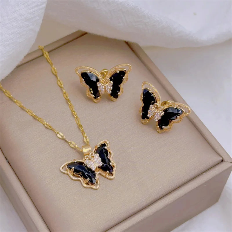 Fashion European and American Cute Micro-inlaid Butterfly Necklace Earrings Set Classic Light Luxury Transparent Stainless Steel