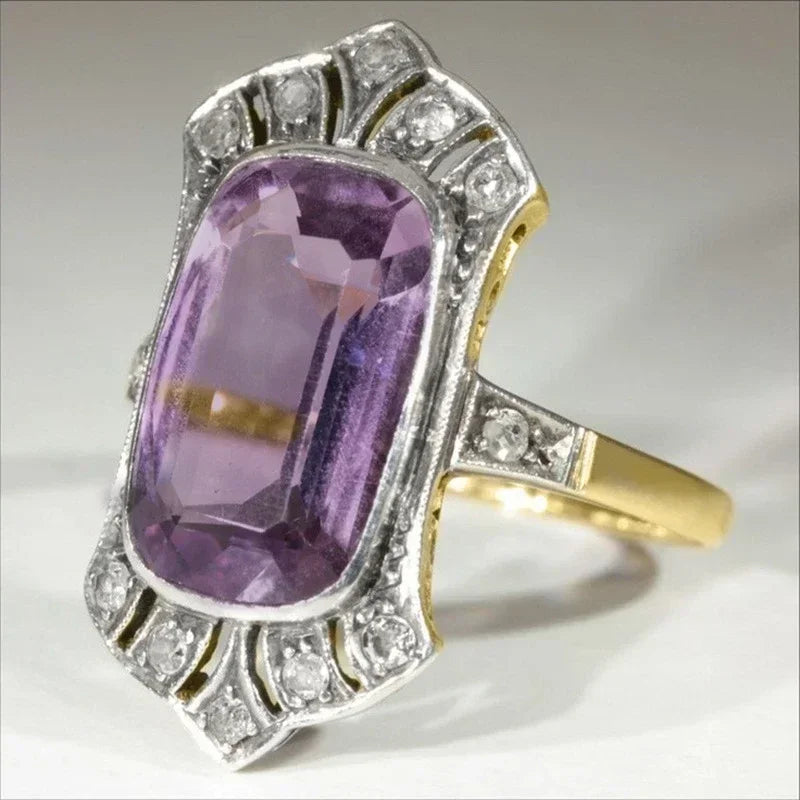 2025 New Purple Cubic Zirconia Ring with Sparkling Square Crystal, High End Women's Personalized Fashion Cocktail Party Jewelry