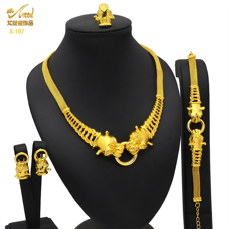ANIID Luxury Indian Jewelry Sets for Women Party Dubai 24K Gold Color Necklace Set African Wedding Traditional Jewelry Gifts