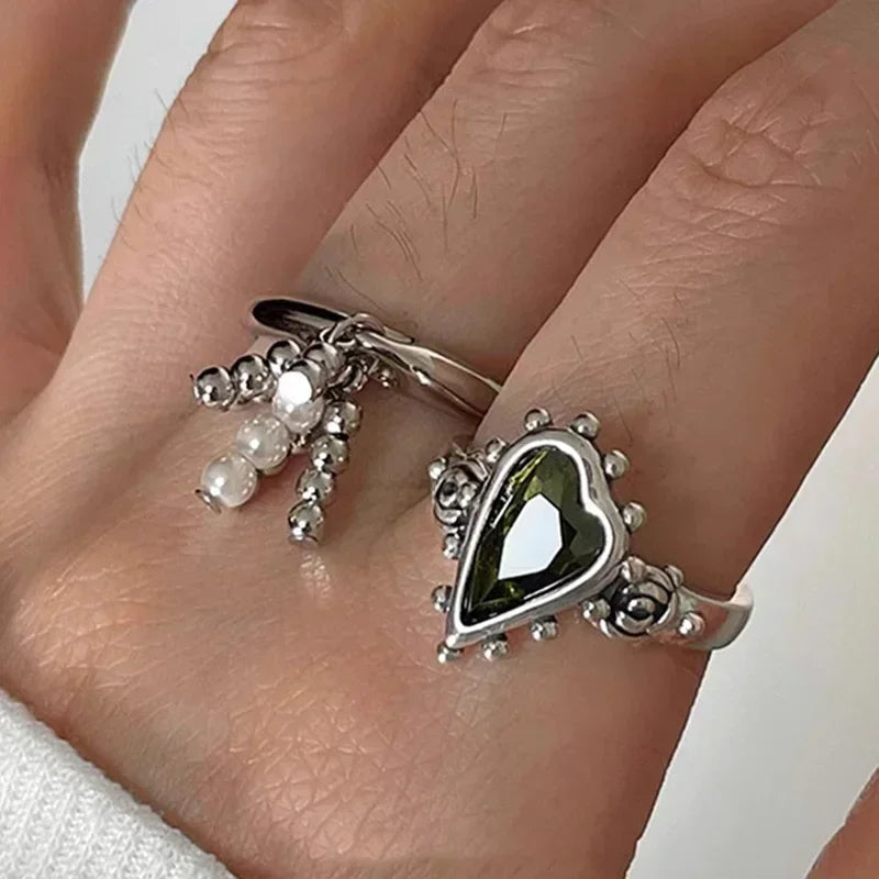High End Vintage Punk Green Zircons Party Rings for Women Couples New Fashion Creative Tassel Geometric Handmade Party Jewelry