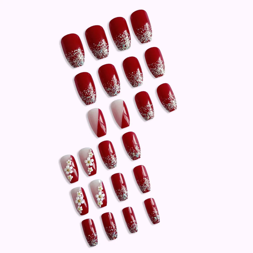 24 Pcs Short Coffin Press On Nails Pink White False Nails with Rhinestone Reusable Fake Nails With Jelly Tab