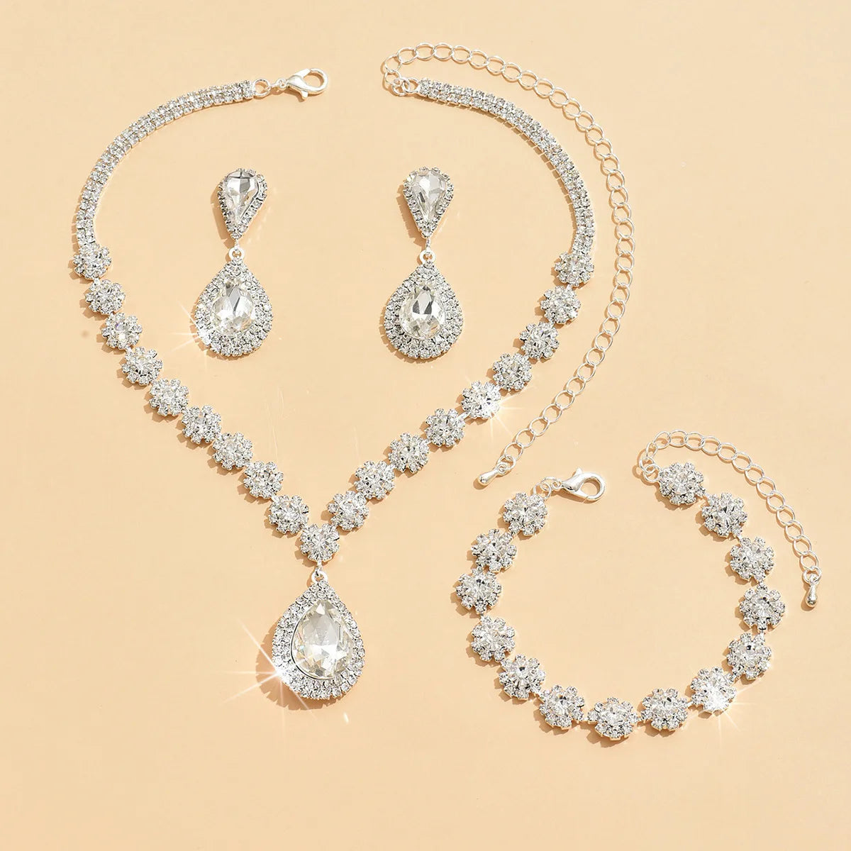Minimalist Water drops Jewelry Set for Women Crystal Necklace Bracelet Earrings Set Gift Banquet Wedding Anniversary Accessories
