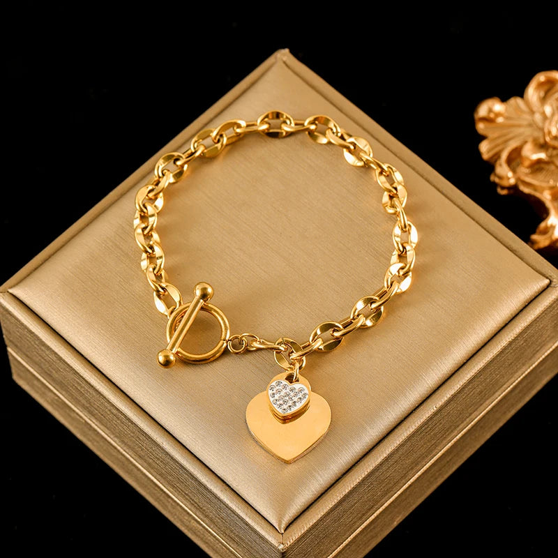 EILIECK New Fashion Stainless Steel Metal Double Heart Necklace Bracelet For Women Fashion Waterproof 3-Color Jewelry Set Gift