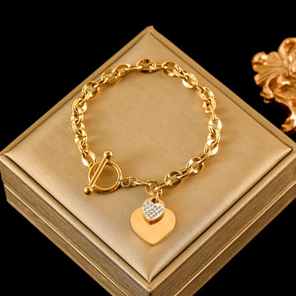 EILIECK New Fashion Stainless Steel Metal Double Heart Necklace Bracelet For Women Fashion Waterproof 3-Color Jewelry Set Gift