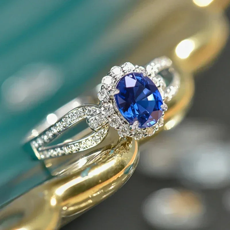 2025 New Blue Cube Zircon Attends Banquet Ring Fashionable, Elegant, High End Women's Bridal Luxury Inlaid Jewelry Accessories