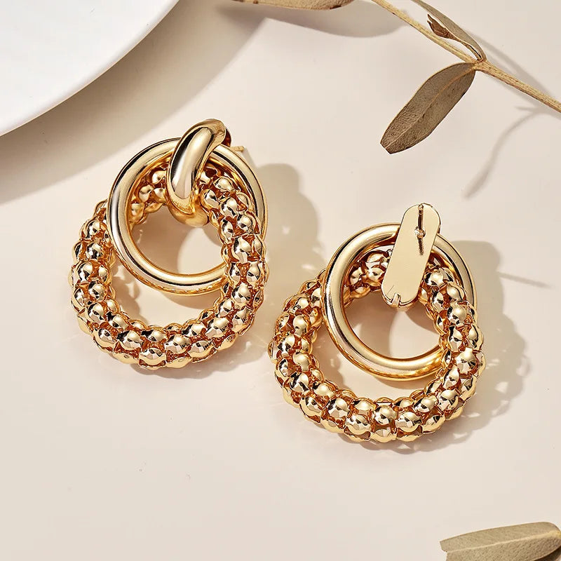 Women Earrings Big Shiny Double Rings Ear Studs Cool Round Metal Eardrop Self-confident Beauty Fashion Jewelry Accessory