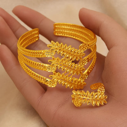 Middle East Cross border Dubai 24K Gold Plated Jewelry Set with Hollow Leaf Gold Leaf Bracelet Ring Two Piece Set