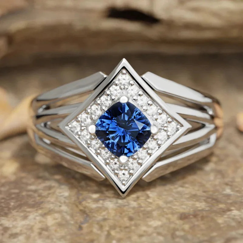 2025 New Blue Cube Zircon Attends Banquet Ring Fashionable, Elegant, High End Women's Bridal Luxury Inlaid Jewelry Accessories