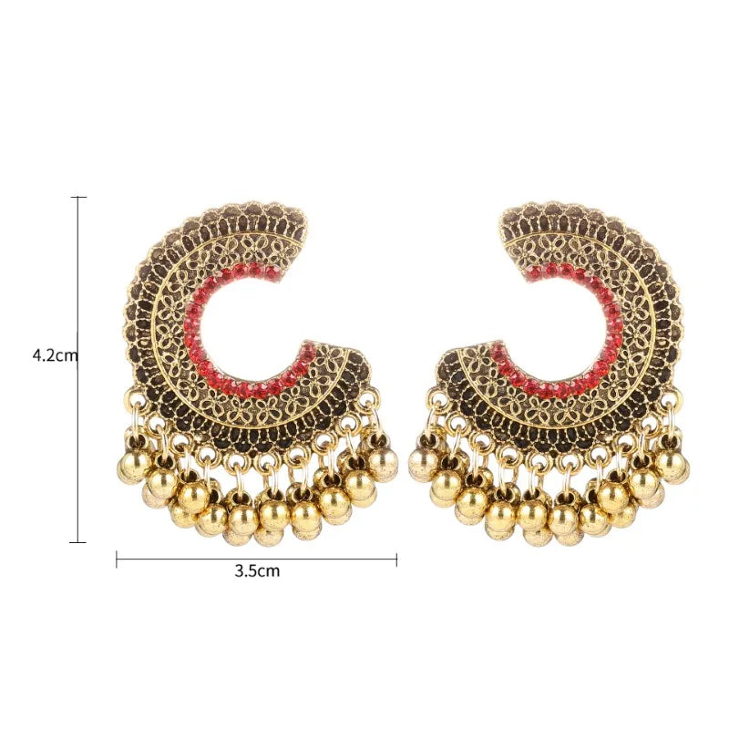 Ethnic Colorful Zircon Indian Jhumka Earrings For Women Pendientes Fashion Jewelry Retro Alloy Tassel Semicircle Ladies Earrings