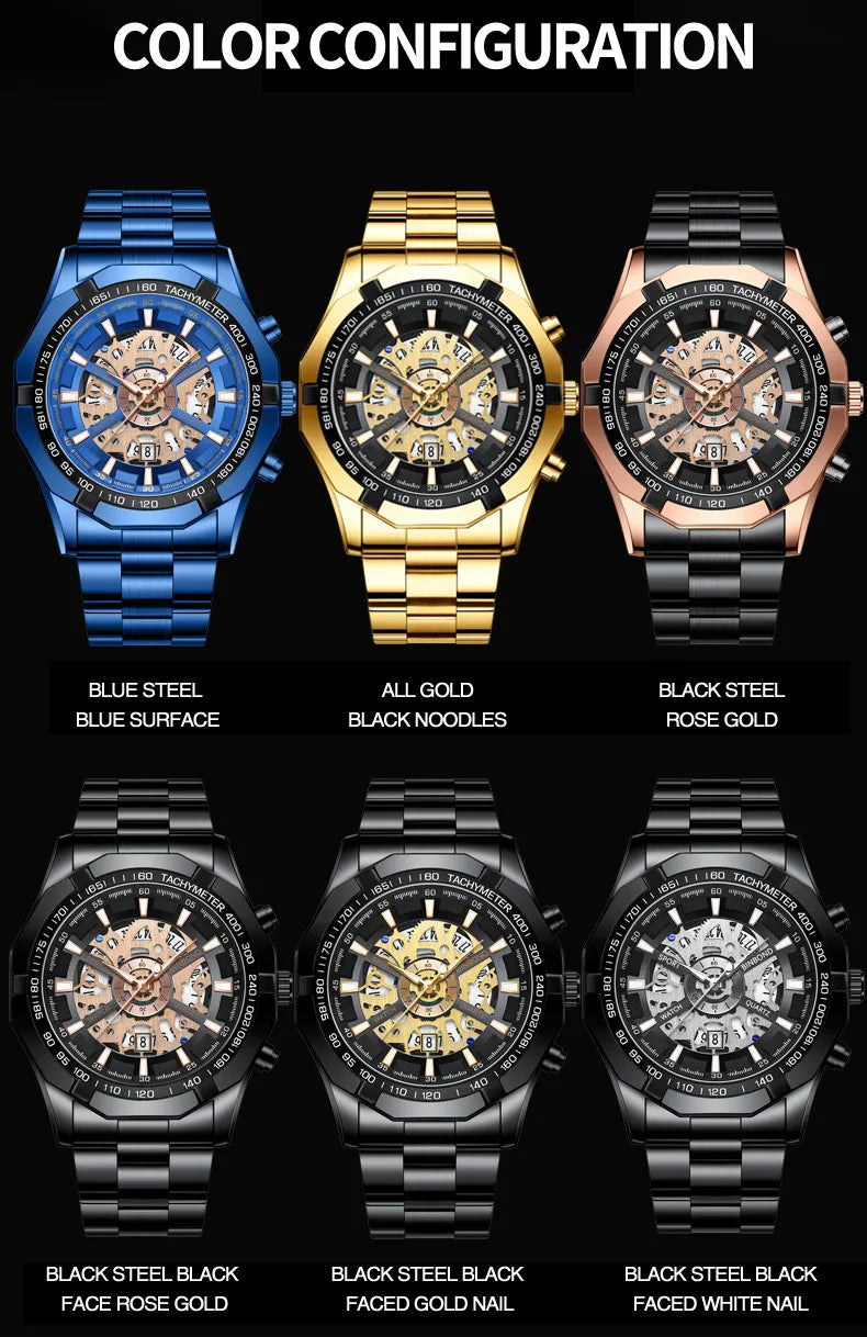 2025 Mens Quartz Watches Top Brand Luxury Stainless Steel Waterproof Hollow Out Blue Big Male Wristwatches Relogio Masculino