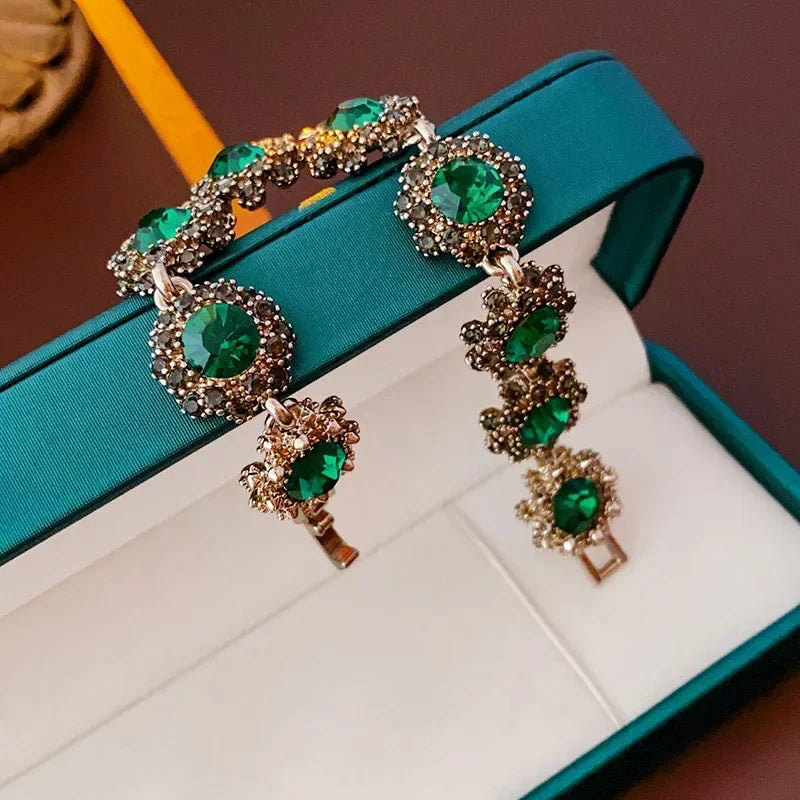 1/4 Pcs French Retro Rhinestones Choker Necklaces for Women Luxury Green Flower Ear Studs Elegant Snape Bracelet Jewelry Sets M