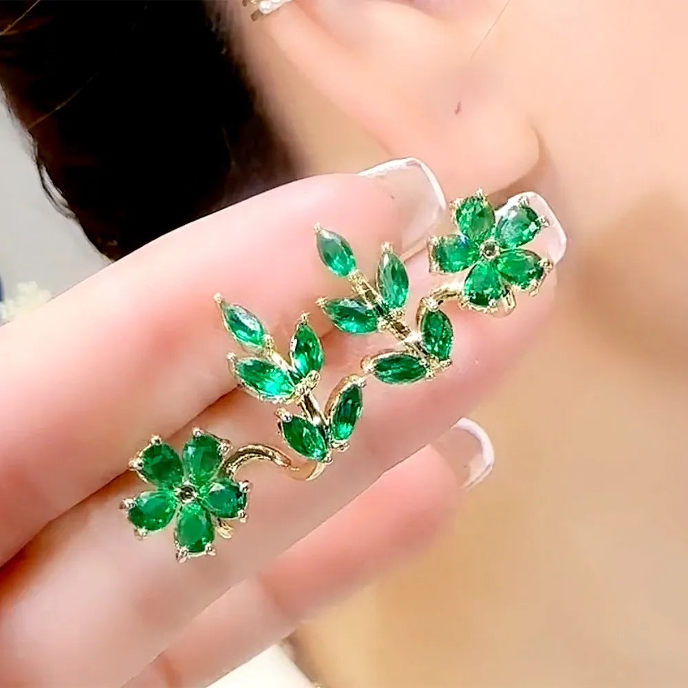 925 Silver Needle Green Flower Earrings For Women Korean Fashion Jewelry 2025 Trending Luxury Zircon Leaf Women's Stud Earrings