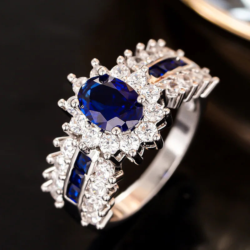 2025 New Blue Cube Zircon Attends Banquet Ring Fashionable, Elegant, High End Women's Bridal Luxury Inlaid Jewelry Accessories