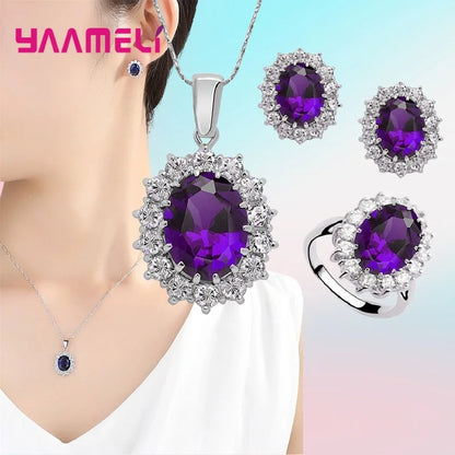 Authentic 925 Sterling Silver Plated Women Wedding Engagement Jewelry Sets Princess Oval Zircon Crystal Necklace Earrings Ring