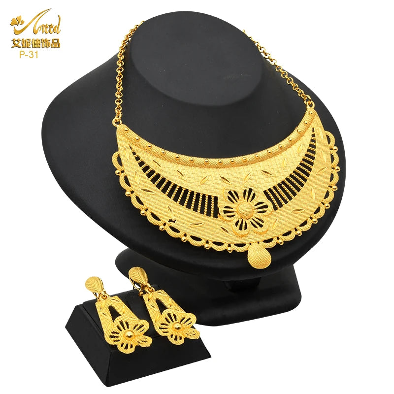 ANIID Luxury Indian Jewelry Sets for Women Party Dubai 24K Gold Color Necklace Set African Wedding Traditional Jewelry Gifts