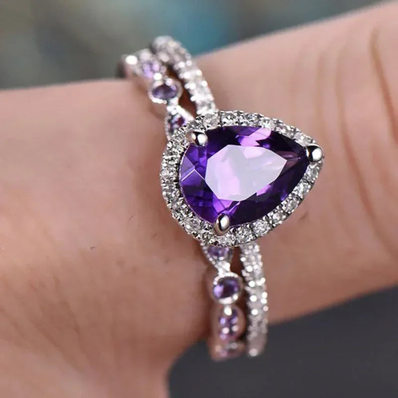 2025 New Purple Cubic Zirconia Ring with Sparkling Square Crystal, High End Women's Personalized Fashion Cocktail Party Jewelry