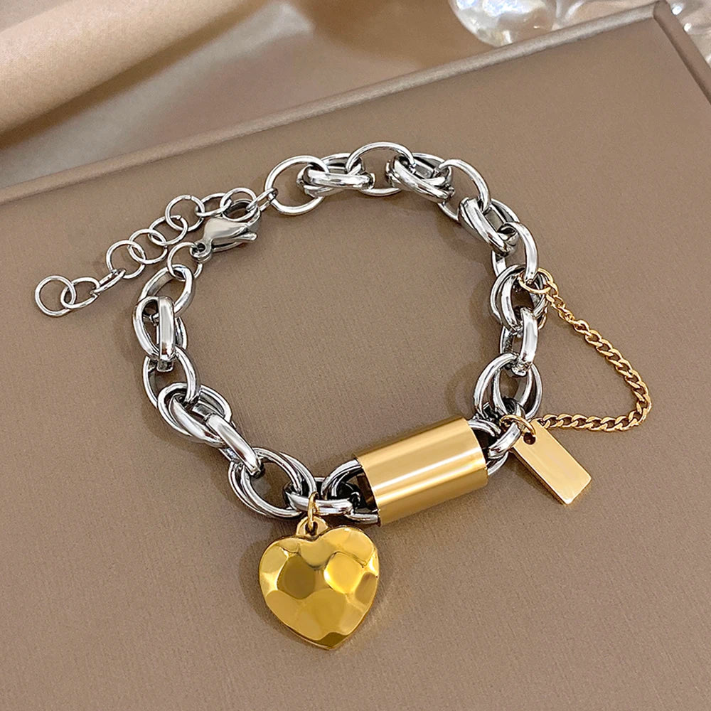 Heart Lock Stainless Steel Charm Bracelet Chunky Gold Plated Chain Love Bracelets Christmas Valentine Gift