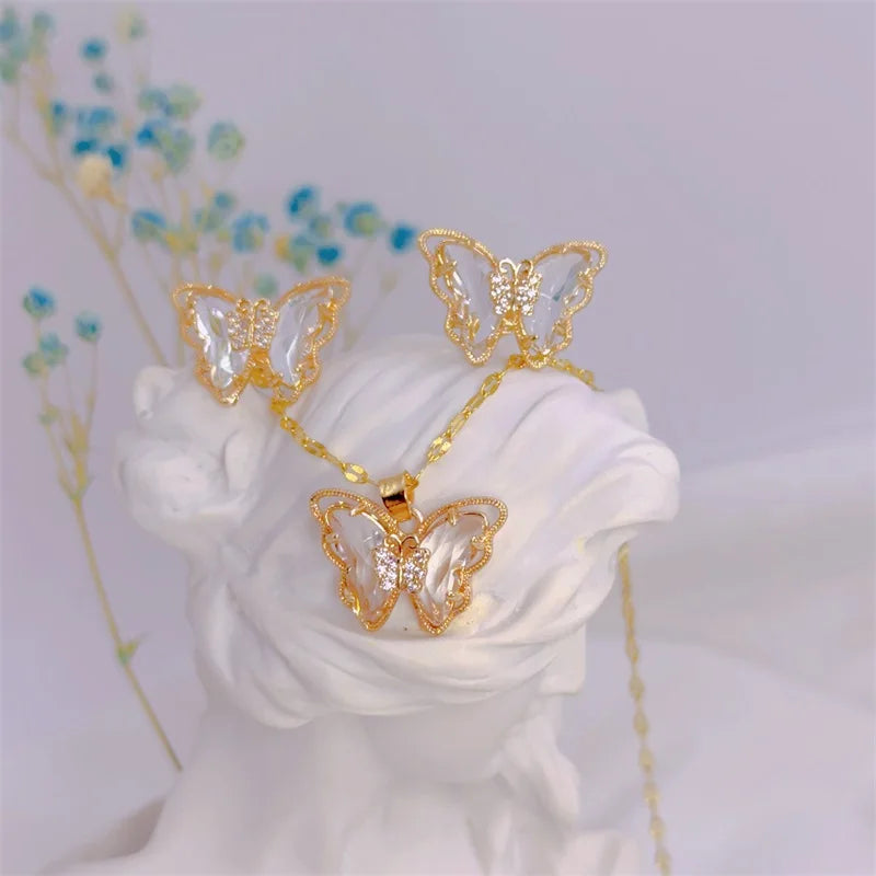 Fashion European and American Cute Micro-inlaid Butterfly Necklace Earrings Set Classic Light Luxury Transparent Stainless Steel