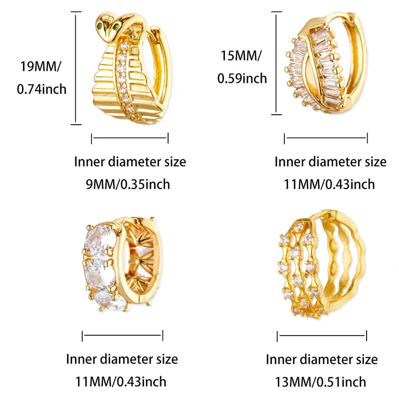 Zircon Geometric Snake Earrings for Women Multi Layered Gold Color Small Hoop Earrings Fashion Ear Piercing Wedding Jewelry