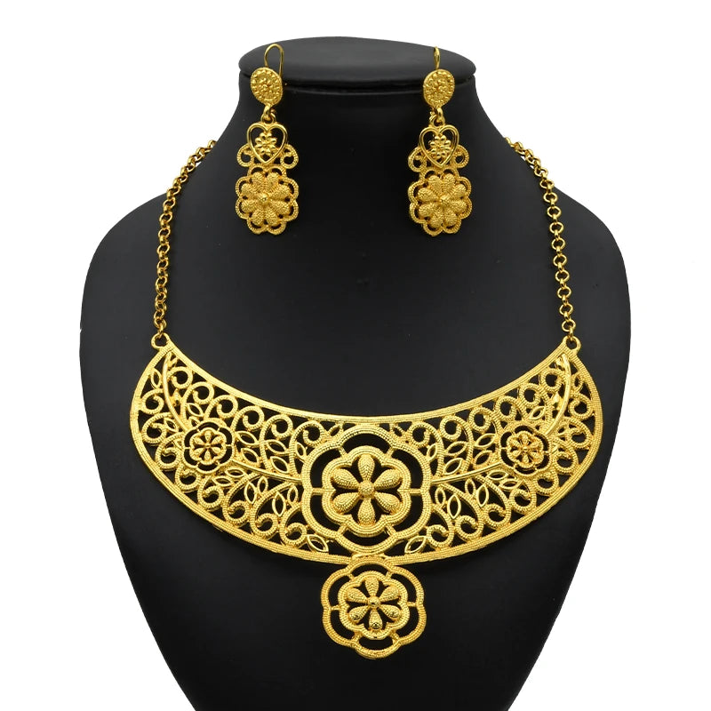 ANIID Luxury Indian Jewelry Sets for Women Party Dubai 24K Gold Color Necklace Set African Wedding Traditional Jewelry Gifts