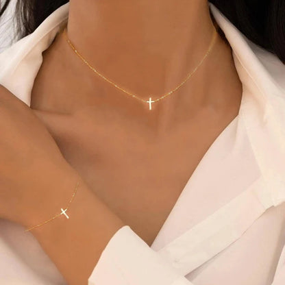 2 Pcs Exquisite Gold Color Bohemian Jewelry Set for Women Fashion Pearl Cross Pendant Necklace Bracelet Set Casual Jewelry Gifts