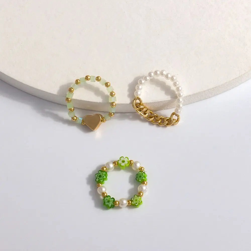 Trendy Cute Bohemia Pearl Flower Acrylic Beaded Rings Party Jewelry Finger Ring Set Women Ring