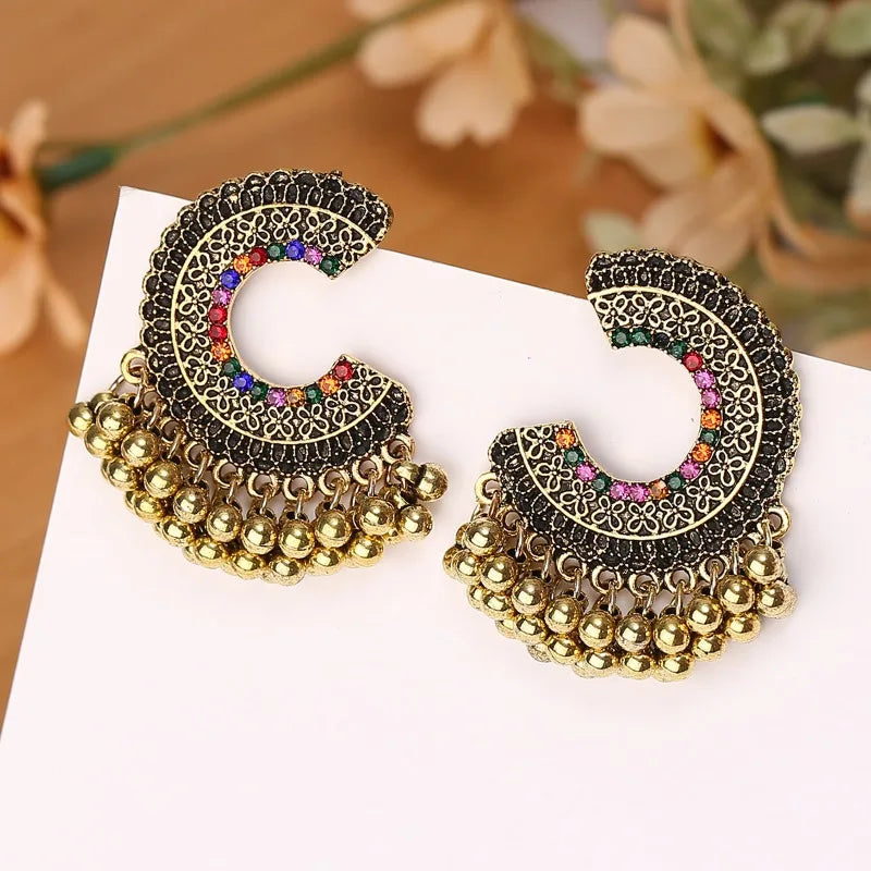 Ethnic Colorful Zircon Indian Jhumka Earrings For Women Pendientes Fashion Jewelry Retro Alloy Tassel Semicircle Ladies Earrings