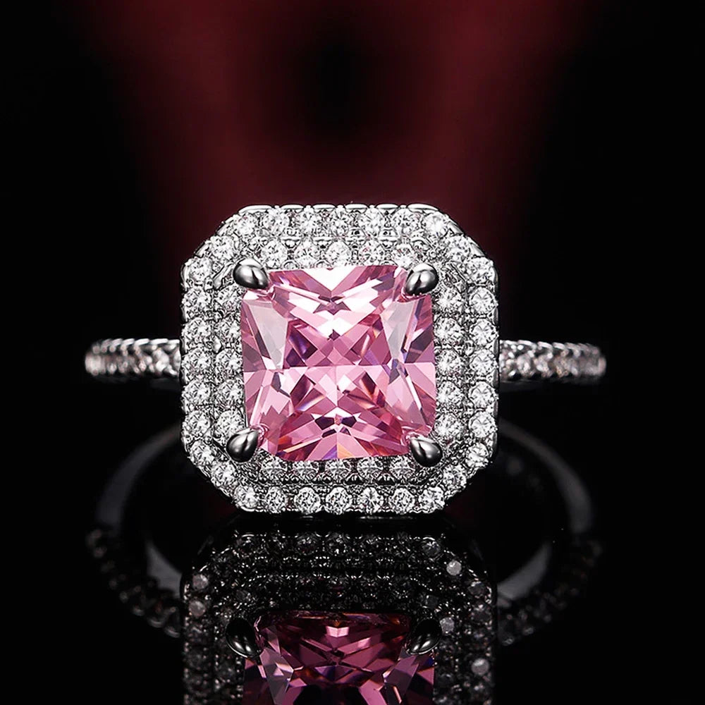 Style Pink Sparkling Zircon Princess Square Engagement Ring for Ladies and Girlfriends Luxury Proposal  Gift Fashion Jewelry
