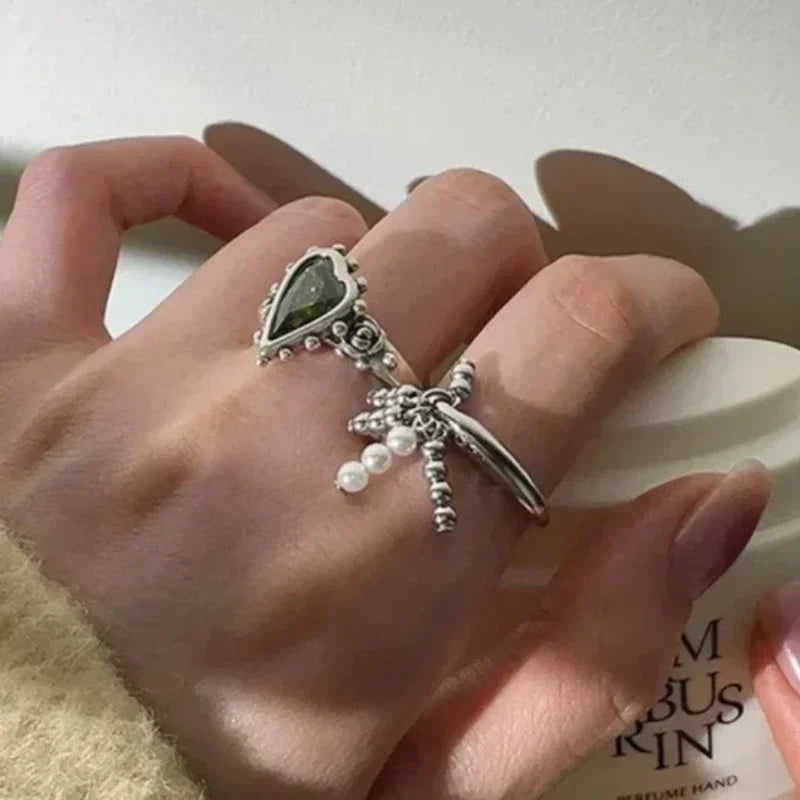 High End Vintage Punk Green Zircons Party Rings for Women Couples New Fashion Creative Tassel Geometric Handmade Party Jewelry