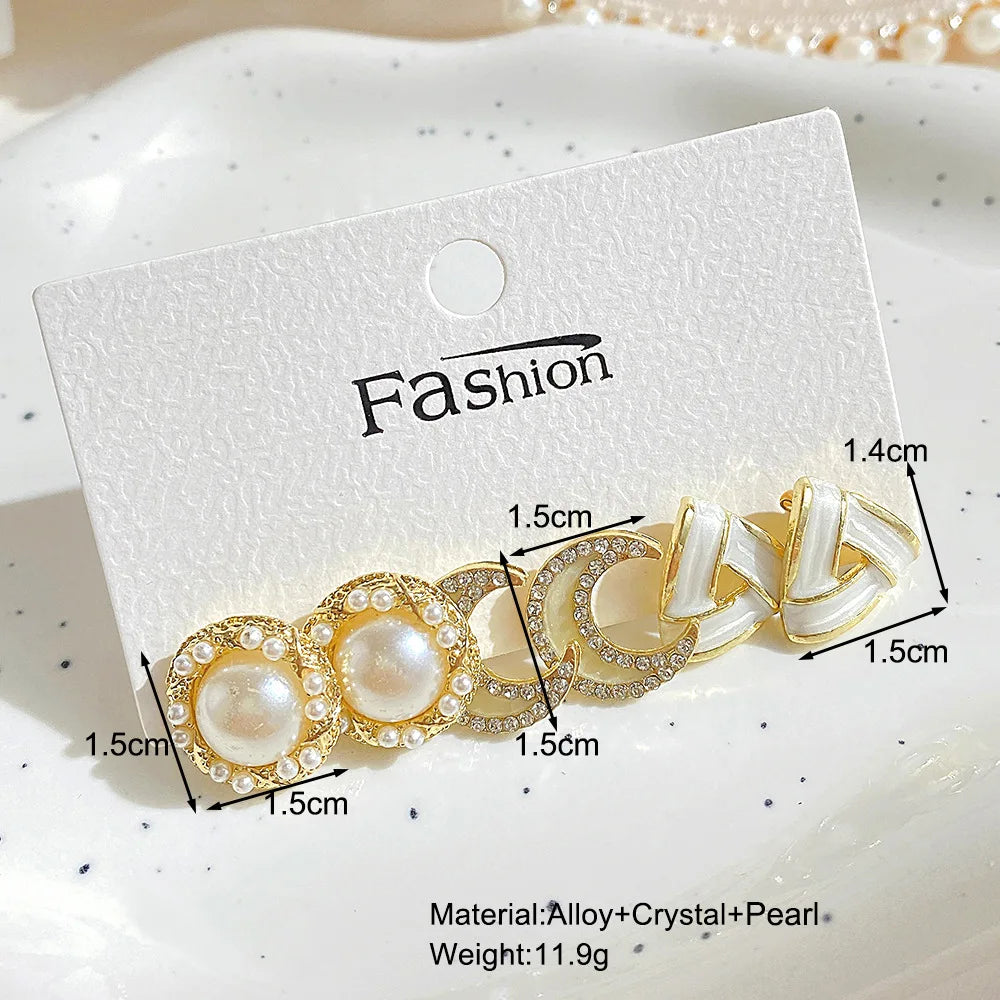 LATS Bow Fishtail Pearl Moon Earrings for Women Popular Gold Color Crystal Earrings Set Fashion Jewelry Accessories Gifts