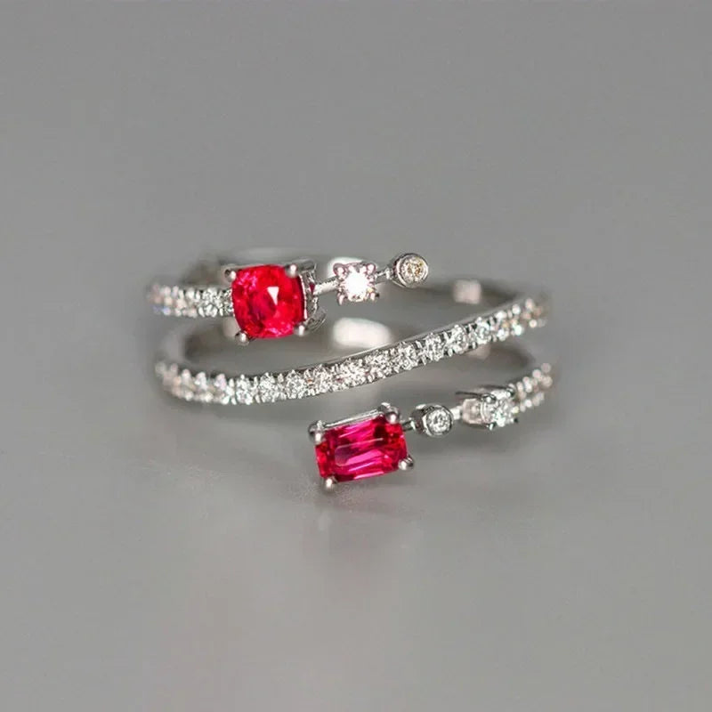 2025 European and American Red Cubic Zirconia Ring, Oval Geometric Fashion Temperament Elegant and Dazzling Jewelry Accessories