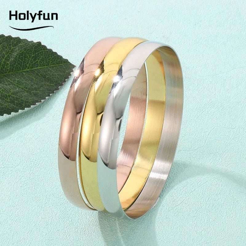 Holyfun 60mm Waterproof 316L Stainless Steel Round Smooth Bracelet Bangle Women Minimalist 18k Gold Color Texture Charm Jewelry