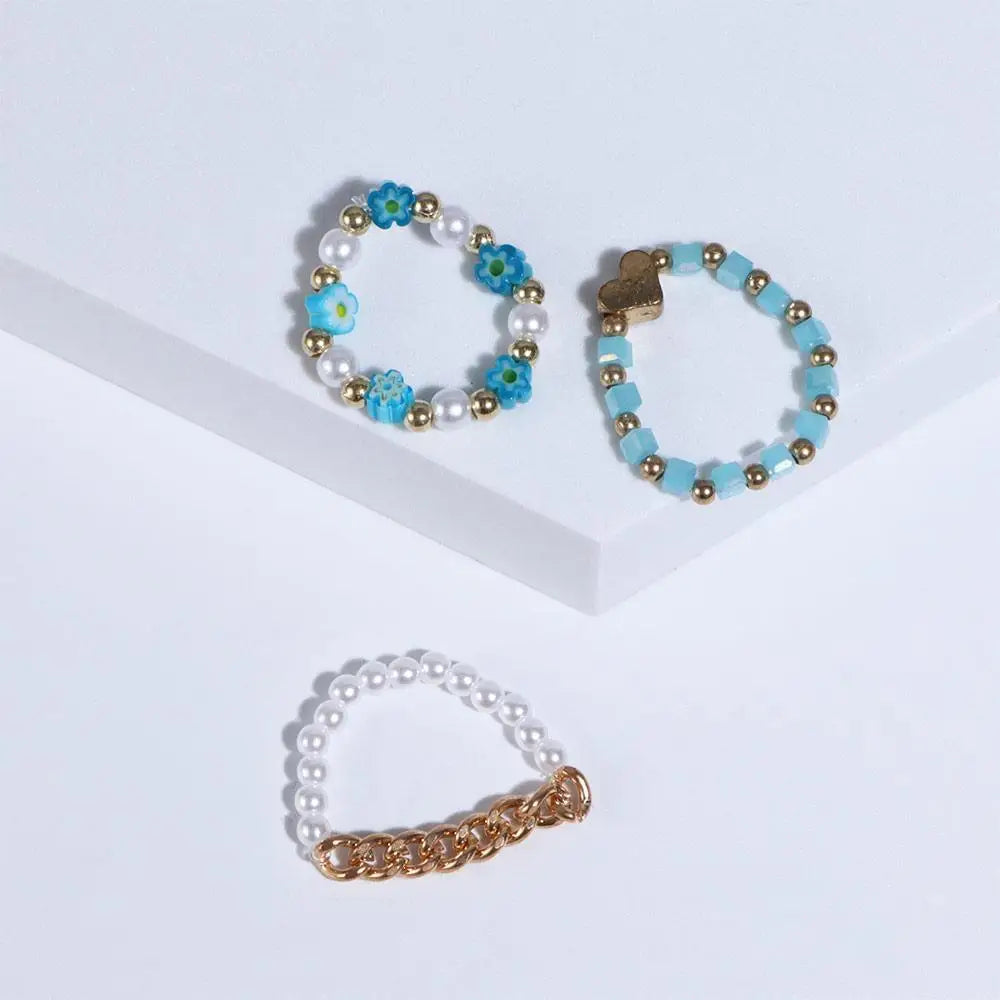 Trendy Cute Bohemia Pearl Flower Acrylic Beaded Rings Party Jewelry Finger Ring Set Women Ring