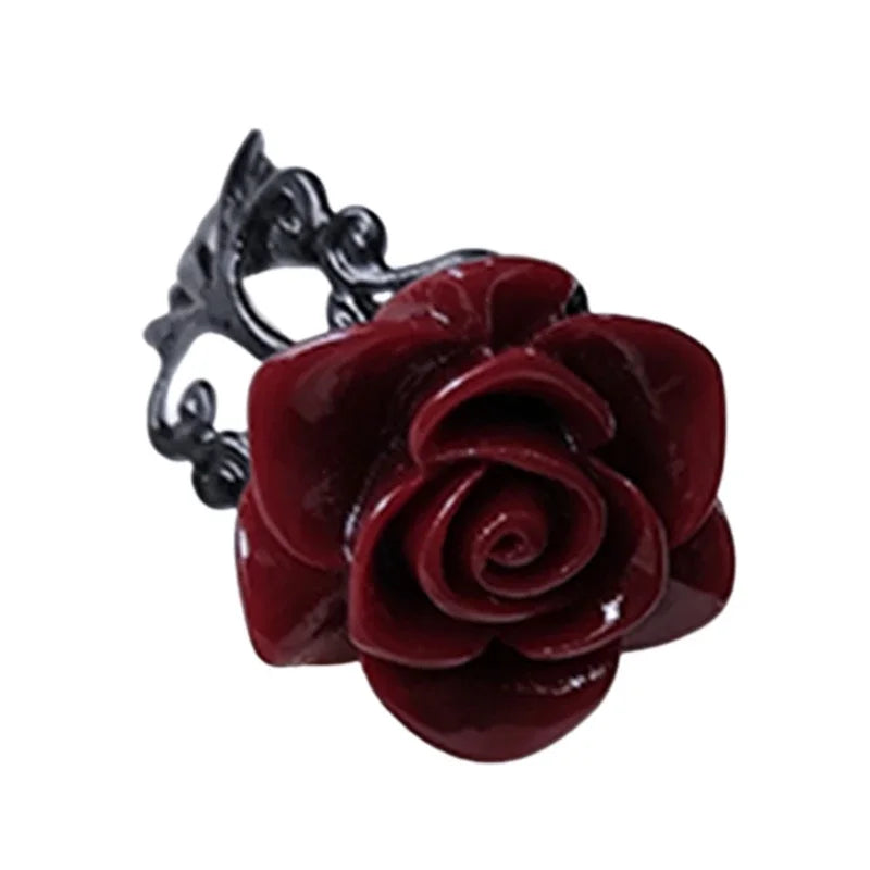 Punk Gothic Red Rose Rings Adjustable Hollow Rings for Women Witch Pagan Vintage Halloween Cool Girl Gift Party Jewelry Gift