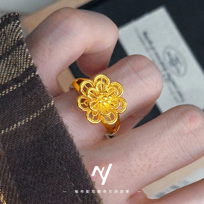 Luxury 24K 9999 Pure Gold real gold Open Multi-Layer Large Flower Ring Wedding Bridal Ring Adjustable