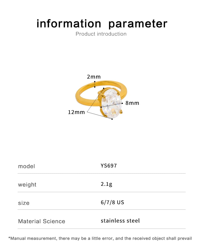 Exquisite Oval AAA Cubic Zirconia Inlaid Stainless Steel Ring Women's Transparent Gem Stone Index Finger Rust Proof Accessories